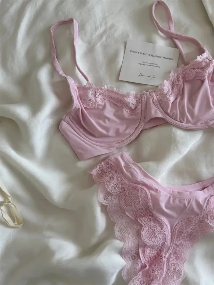 Pink Unlined Full Cup Bra Set Underwire Lace Trim Lift Comfortable Minimalist Seamless Skin-friendly Everyday Bras and Panty — image 3