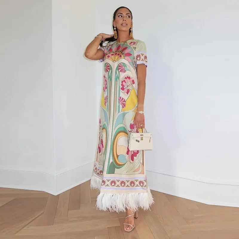 Chic Printed Women's Dress O-Neck Short Sleeve Loose Feather Patchwork Women'S Long Dresses 2026 Summer Female Vacation Robe