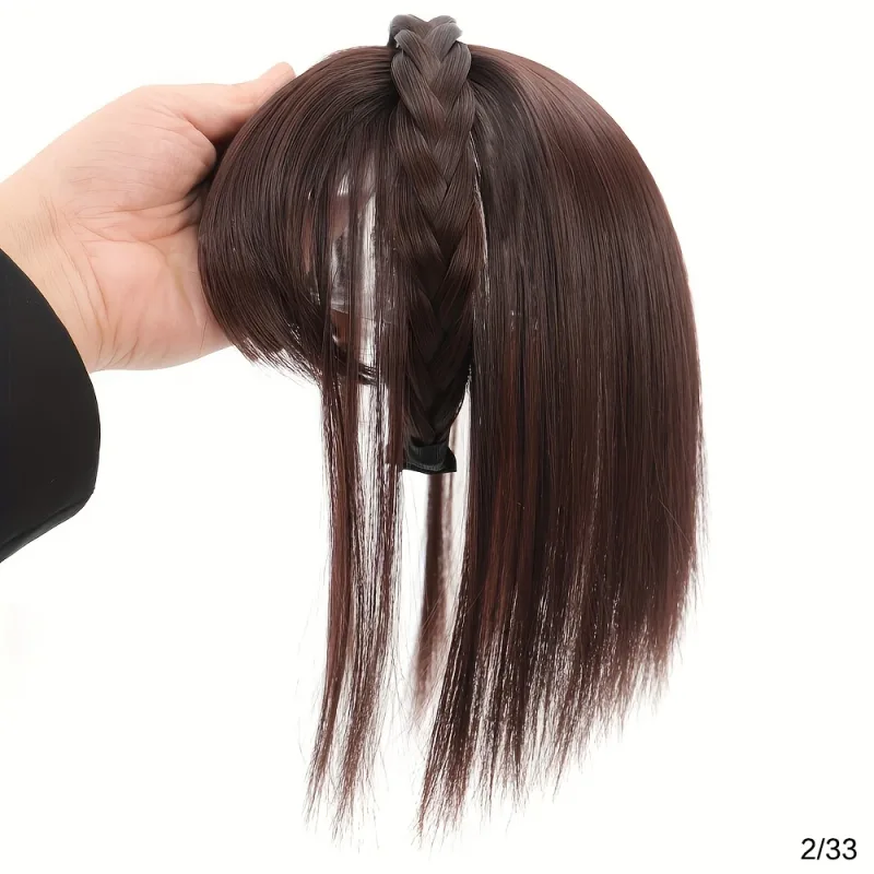 Natural Look Synthetic Straight Hair Extensions - Chic Braided Headband with Clip-In Hair Topper & Bangs for Women