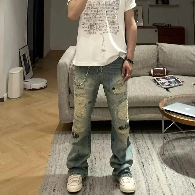 Men's Jeans High Street Vintage Distressed Ripped Faded Man Pants Blue Straight Denim Trousers Embroidery Design Bootcut — image 6