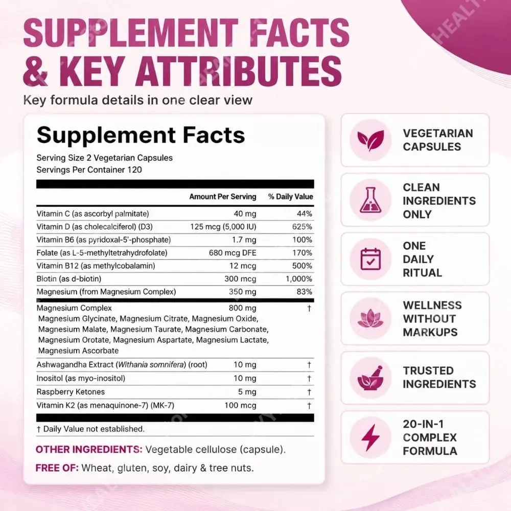Magnesium Complex for Women Capsules with D3 K2 B12 Biotin & Ashwagandha for Energy Calm & Wellness Support 240 Capsules — image 3