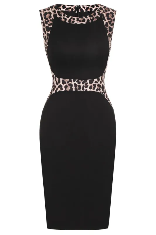 Womens Leopard Patchwork Crew Neck Sleeveless Cocktail Knee Length Business Casual Party Summer Pencil Bodycon Sheath Dress