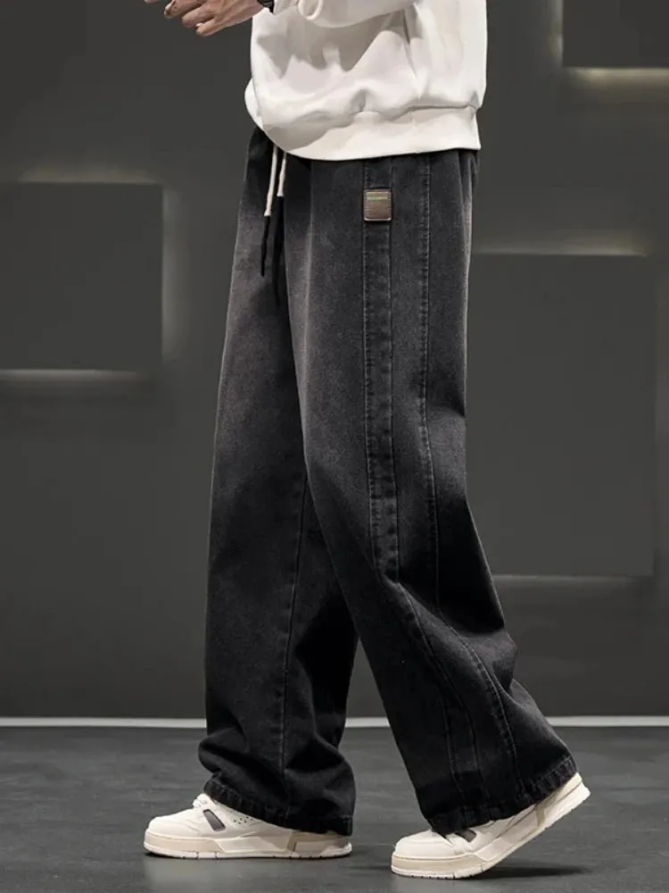 Spring New Wide Jeans Men Straight Vintage Drawstring Trousers Loose Pants Casual Solid Color Fashion Pants Big Size — image 6