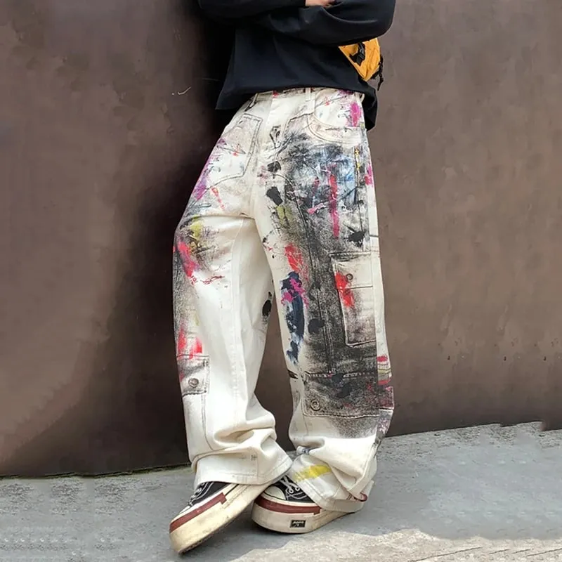 Edgy Men's Splatter Paint Jeans Black White Print Wide Leg Baggy Fit Distressed Streetwear Premium Denim Pants 9X2984 — image 3