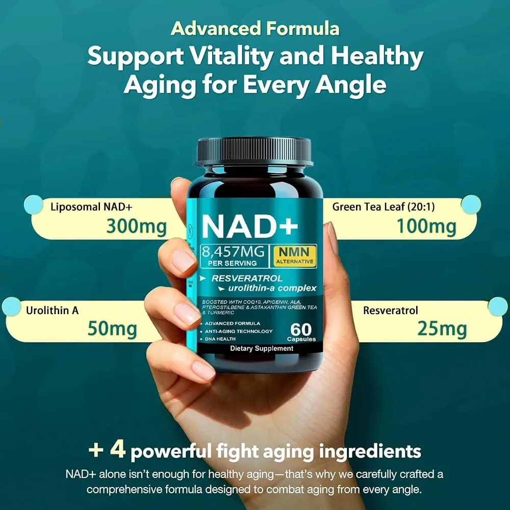 NAD Supplement 8457mg Plus for Energy Focus Skin & Anti-Aging Support - NMN Alternative Liposomal + Green Tea 60 Capsules — image 4