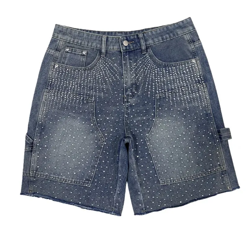 Pants Denim Men Jeans Knee Length Hot Drilling Vintage Washed High Waist Straight Trousers Y2k Streetwear Splice Casual 2026 — image 5
