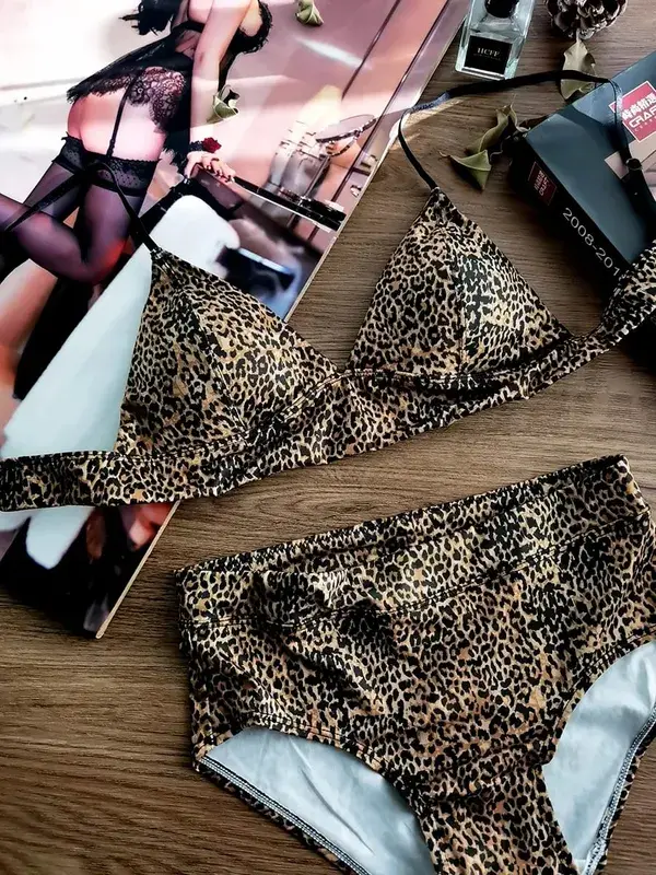 Triangle Cup Bra Set Sexy Leopard Print Ultra Thin Wirefree Bralette & Panty Lingerie for Small Breasts — image 10