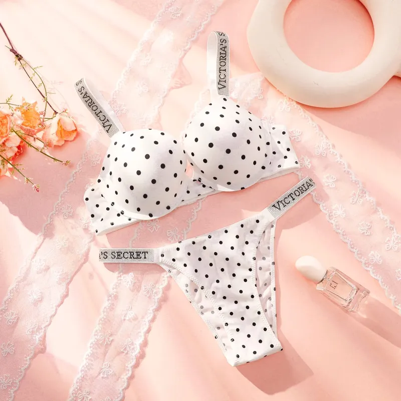Victoria Secret Very Sexy Shine Script Polka Dot Push Up Bra Shine Script Thong Panty Set Women Sexy Lingerie Hot — image 3