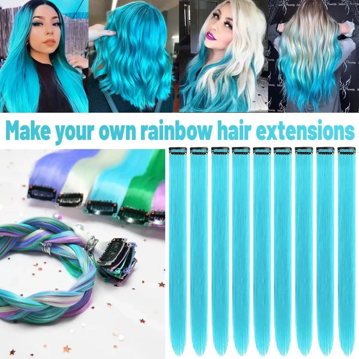 22 inch Colored Hair Extensions Light Blue Party Highlights Clip in Synthetic Hair Extensions Color Party Straight Hairpieces — image 4