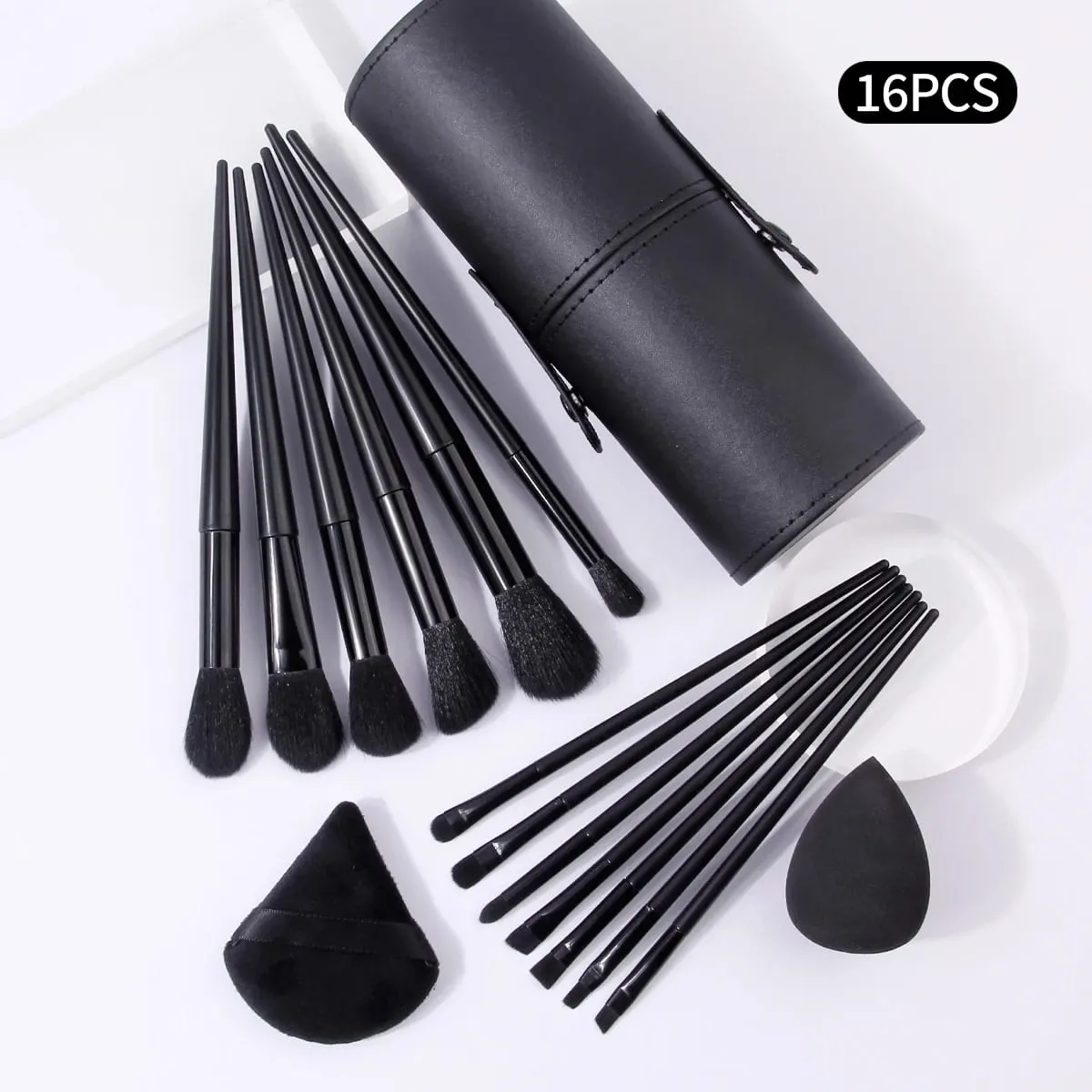 16Pcs Black Makeup Brush Kit with Storage Holder & Powder Puffs Soft Fluffy Brushes Premium Black Synthetic Brushes for Full F