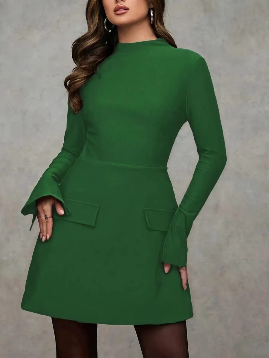 2026 Women Solid Mock Neck Split Flare Long Sleeve Mini Dress Pocket Design A‑Line Elegant Work Party Short Dress — image 6