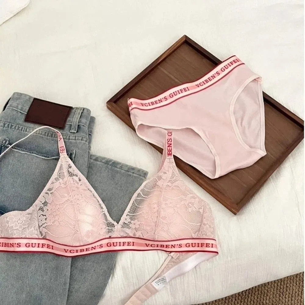 Bra Suit Letter Design Lingerie Set Lace Deep V Women Underwear Suit Wireless Color Blocking Bra Panties Set Daily — image 2