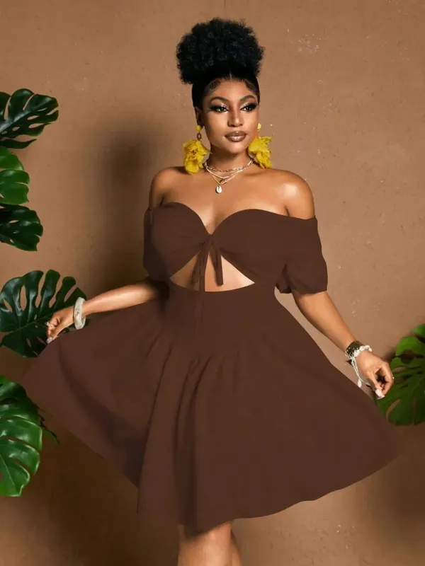 Plus Size Women One-Shoulder Waist-Tie Bubble Sleeve Dress Summer Vacation Style Casual Short Dress Plain Pattern — image 8