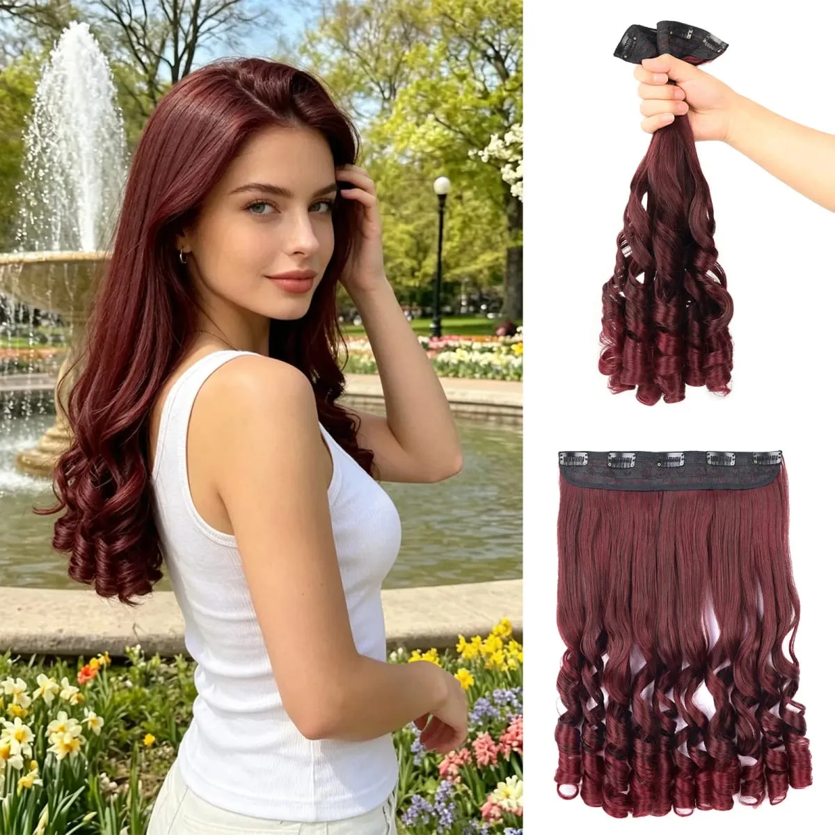 Synthetic Clip in One Piece Hair Extensions 5 Clips in one piece false hair 16inch French curl Style for women girls Daily Party — image 8
