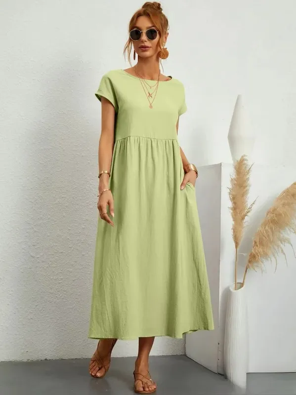 Premium Elegant Solid Cotton Linen Dress Summer Midi with Pockets Loose Fit Casual Crew Neck Short Sleeve for Beach Travel — image 13