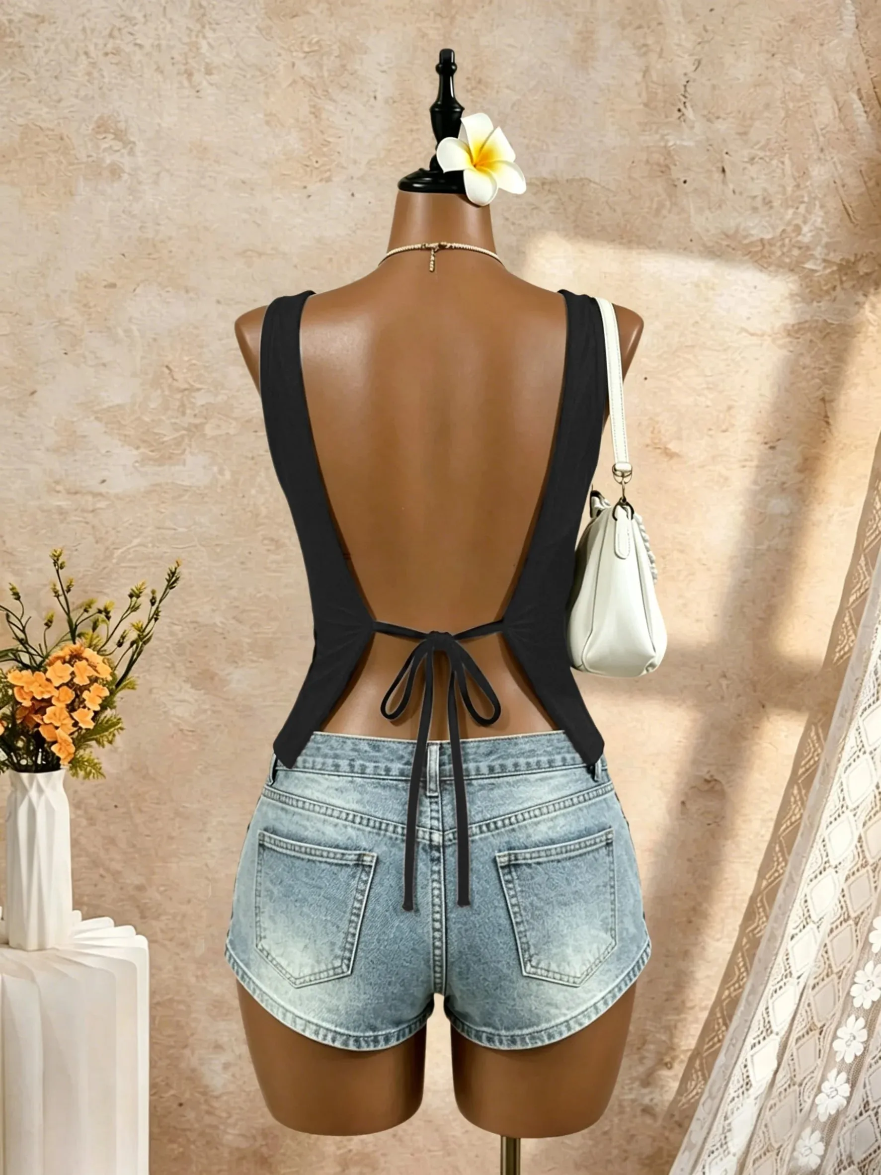 Women Wide Strap Deep V Wrap Front Open Back Tie Slim Crop Camisole 2026 Summer Y2K Going Out Streetwear Tank Tops — image 3
