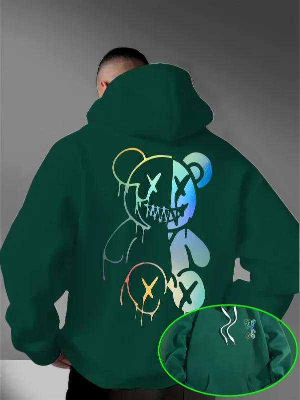 Loose Oversized Men Hoodies Holographic Split Evil Bear Front Back Dual Print Pullover Sweatshirt Dark Street Daily Hooded Tops — image 4