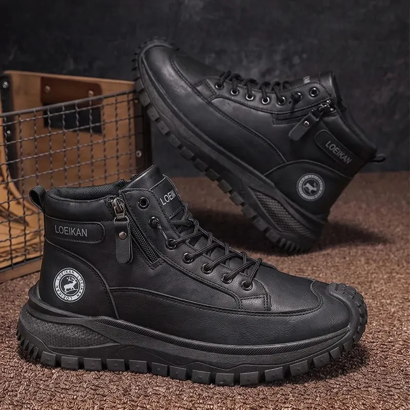 Men High Top Casual Sneakers Side Zipper Lace‑Up Thick Non‑Slip Sole Durable Footwear For Daily Walking Commuting Street Wear