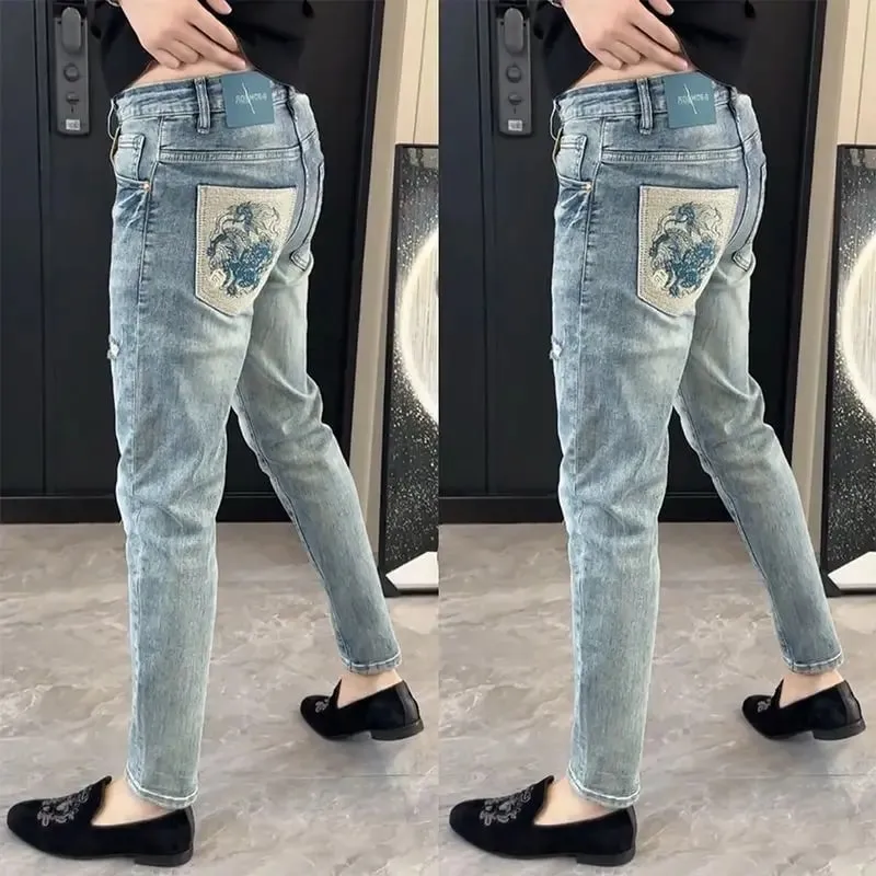 Summer New Slim-fit Men's Jeans Thin Brand Embroidery 2025 Designer Korean Style Clothes Casual Pants Luxury Fashion Pants — image 2