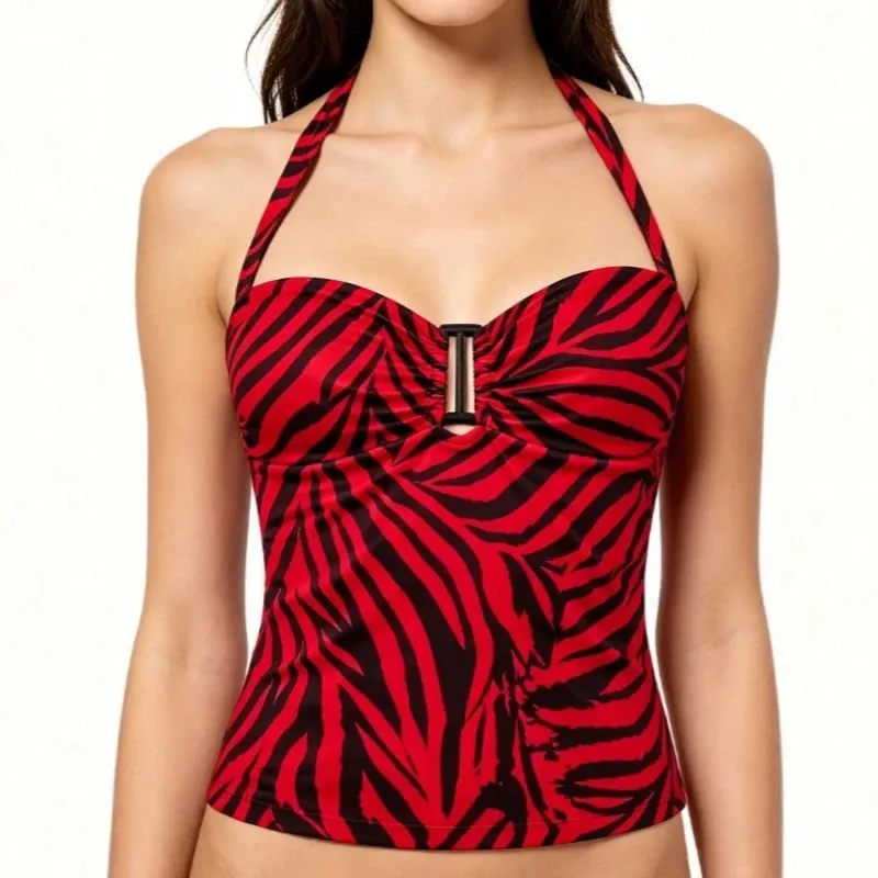 Red Black Stripe Halter Top for Women Sexy Hollow Out Backless Sleeveless Waist Cinched Camisole Summer Vintage Cosplay Costume — image 2