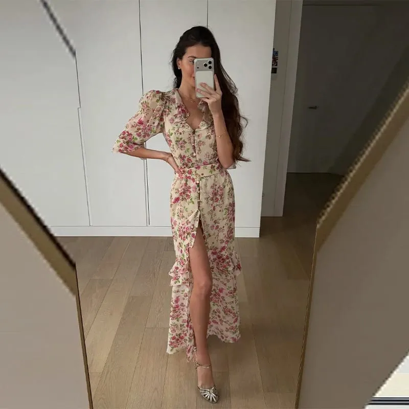 Floral Print Stand Collar Ruffled Tiered Dress Waist Cinched Flutter Sleeve 2026 Summer Women Dress Casual Delicate Lady Vestido — image 9