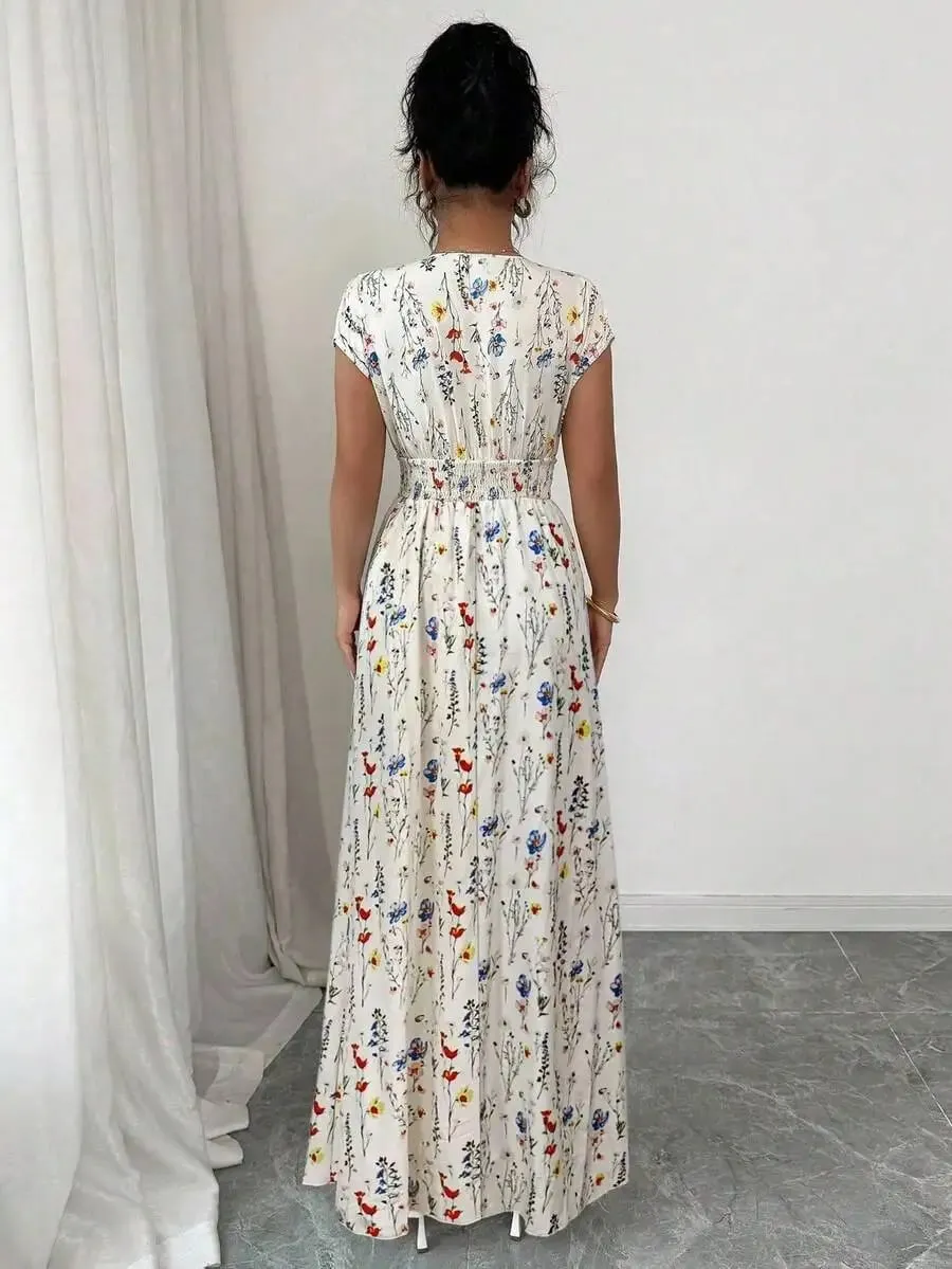 Women's Ditsy Floral V-Neck Sleeveless Waisted Maxi Dress — image 2