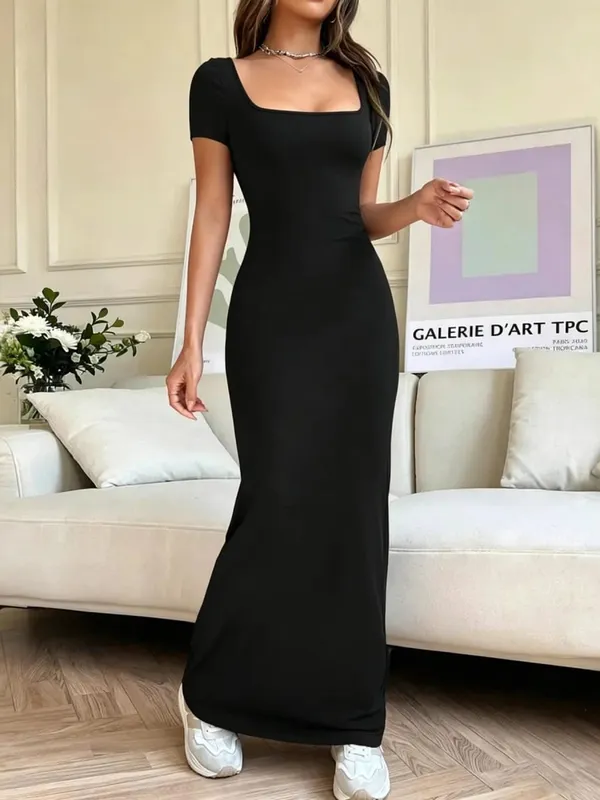 Women Square Neck Short Sleeve Maxi Dress Stretch Knit Bodycon Solid Color Slim Fit Long Casual Party Dresses