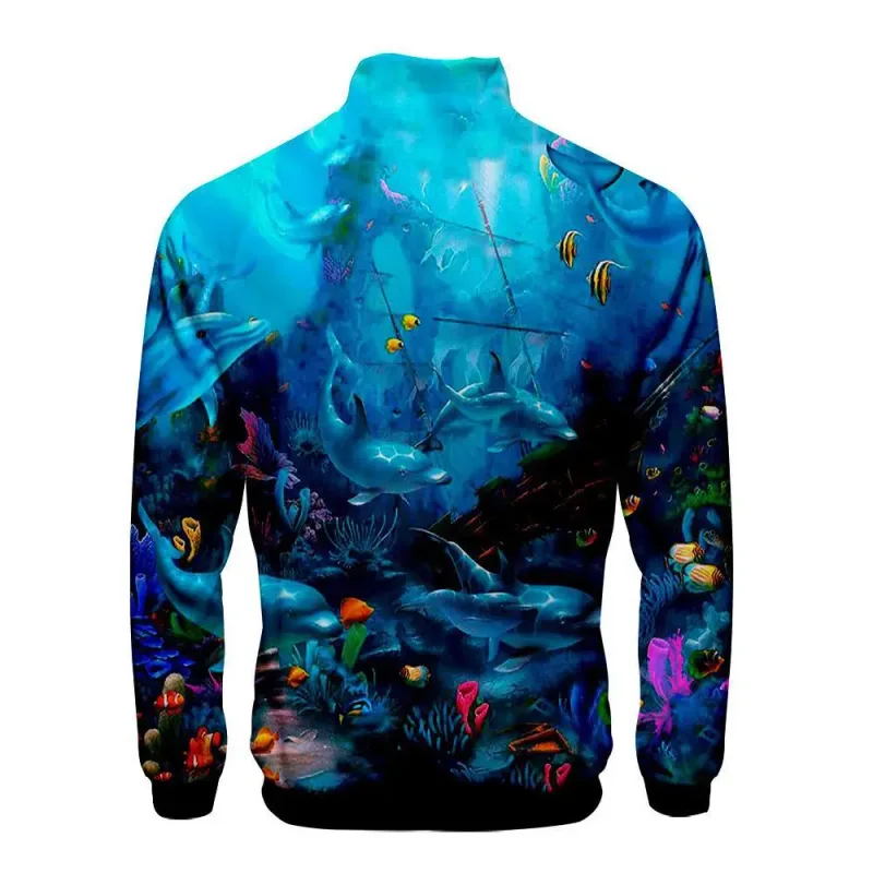 Harajuku Popular Novelty dolphin 3D Print Zipper Raglan Jacket Windbreaker Boys/Girls Comfortable Stand Collar Jackets Coats