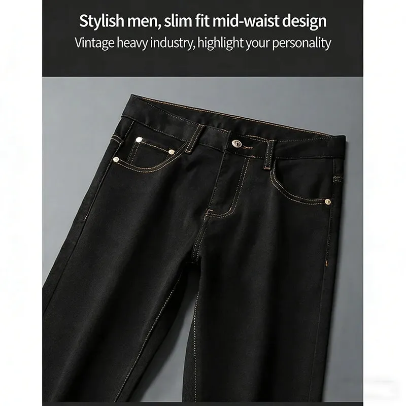 2026 Men's Black Jeans Autumn New Arrival Exquisite Embroidery Stretch Slim Fit Mid-Waist Versatile Casual Long Pants