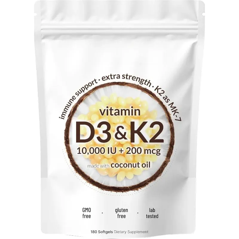 Vitamin D3 K2 Softgels with MK-7 and Coconut Oil 10 000 IU + 200 Mcg Adult Bone and Immune Wellness Support 180 Mini Softgels