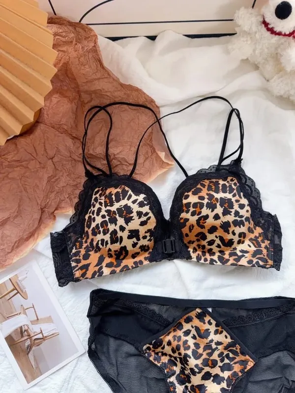 Best Selling Leopard Print Front Closure Push Up Bra Set Sexy Back Design Small Bust Enhancing Women Lingerie — image 12