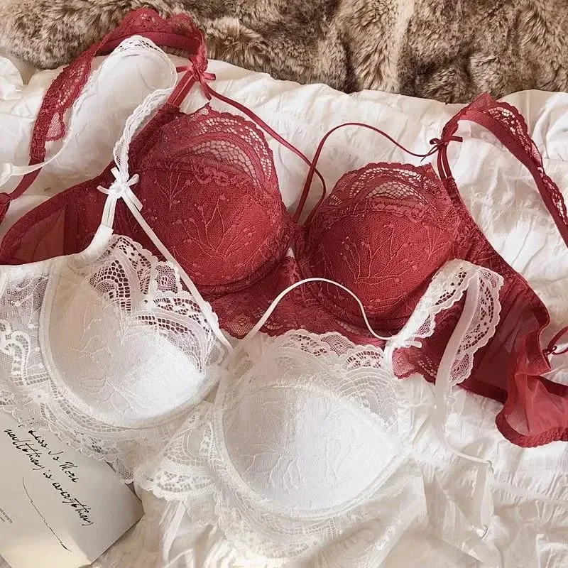 French Pure Lace Bralette Petite Bralet Set Košíčky AABB s odnímatelnými ramínky a tenkými vycpávkami Push Up Měkká kostice Sexy Dámské — image 5