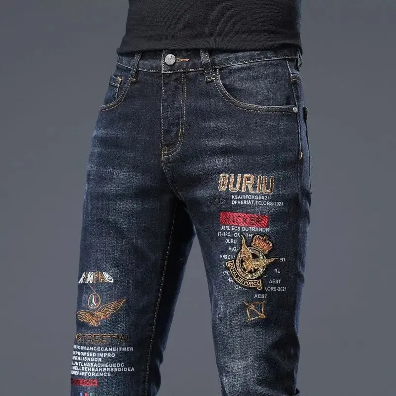 High-end Men's Jeans Summer New Embroidery Printed Slim-fit Elastic Small Feet Trousers Punk Clothing Luxury Brand Men Jeans — image 2