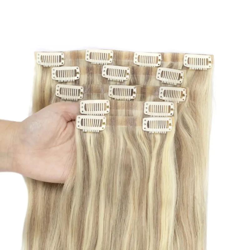 Invisible PU Clip In Hair Extension Human Hair Injected PU Tape Weft Clip in Extension 7Pcs/set 12-24inch 100G 120G Clip On Hair