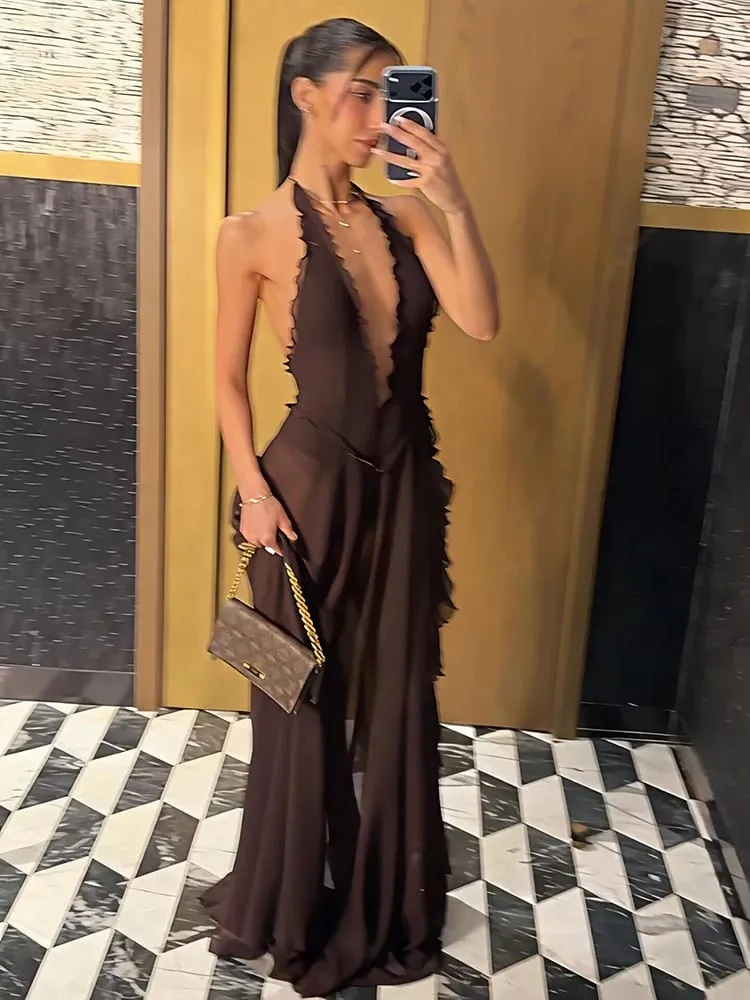Mozision Gaun Maxi Seksi Punggung Terbuka Leher V Dalam Halter Gaun Panjang Pesta Klub Belahan Tinggi Tanpa Lengan Bahu Terbuka Elegan Wanita — image 3