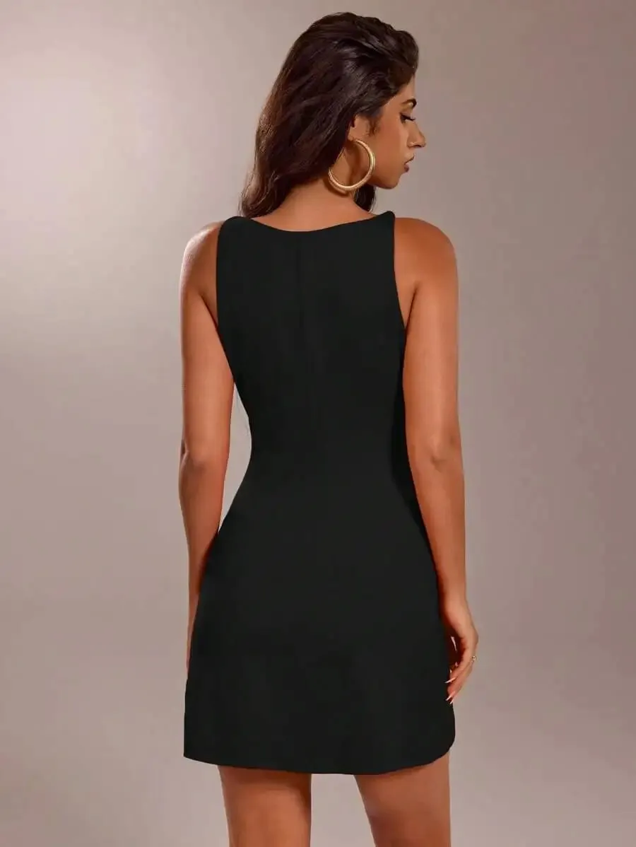 Women's Elegant Solid Color Sleeveless Waist Cinched Mini Dress Business Casual Woman Evening Dress — image 3