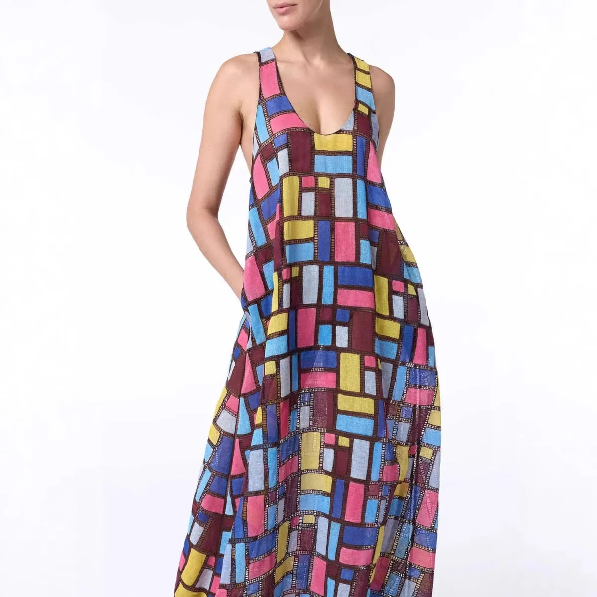 Colored Squares Sleeveless Long Dresses Women Fashion Sexy U-neck Pocket Loose Maxi Dress Summer Lady Vacation Commuting Vestido — image 4