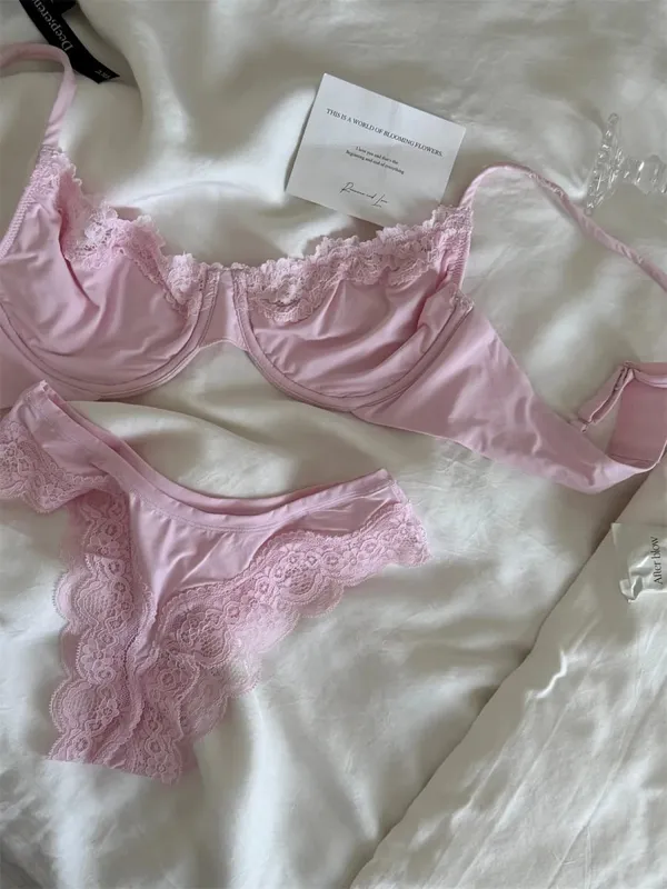 Pink Unlined Full Cup Bra Set Underwire Lace Trim Lift Comfortable Minimalist Seamless Skin-friendly Everyday Bras and Panty — image 9