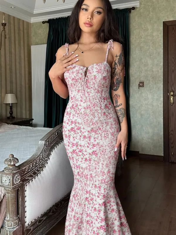 Hugcitar Floral Print Sleeveless Backless Slips Lace Up Maxi Dress Sexy Bodycon Summer Elegant Outfits Holiday Party Wholesale