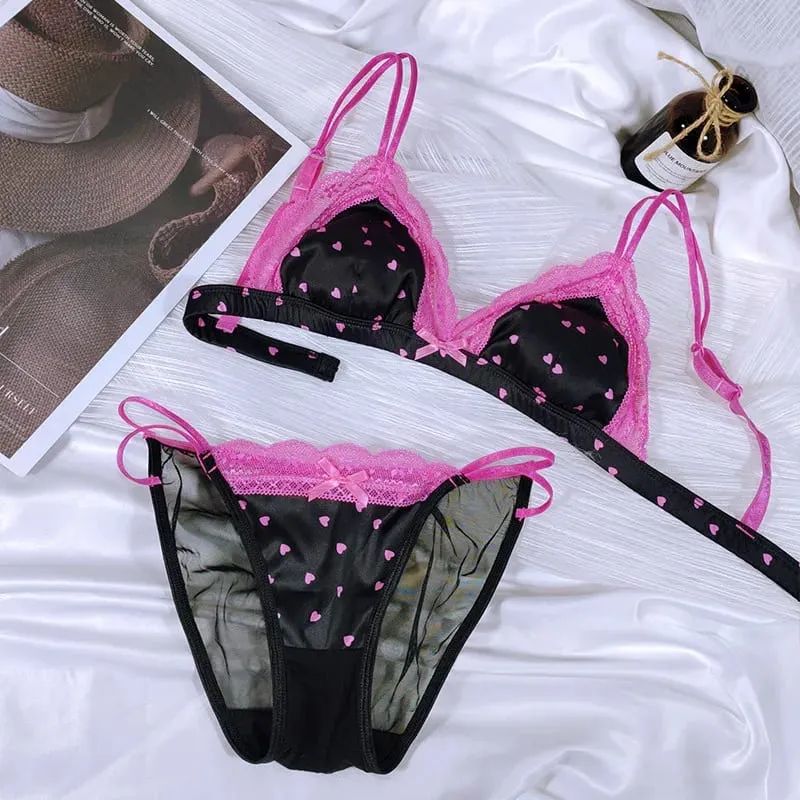 French Style Bralette No Underwire Sexy Lace Trim Small Cup Lingerie Cute 3-Piece Bra Set with Comfort Cup Shape Design S-xl