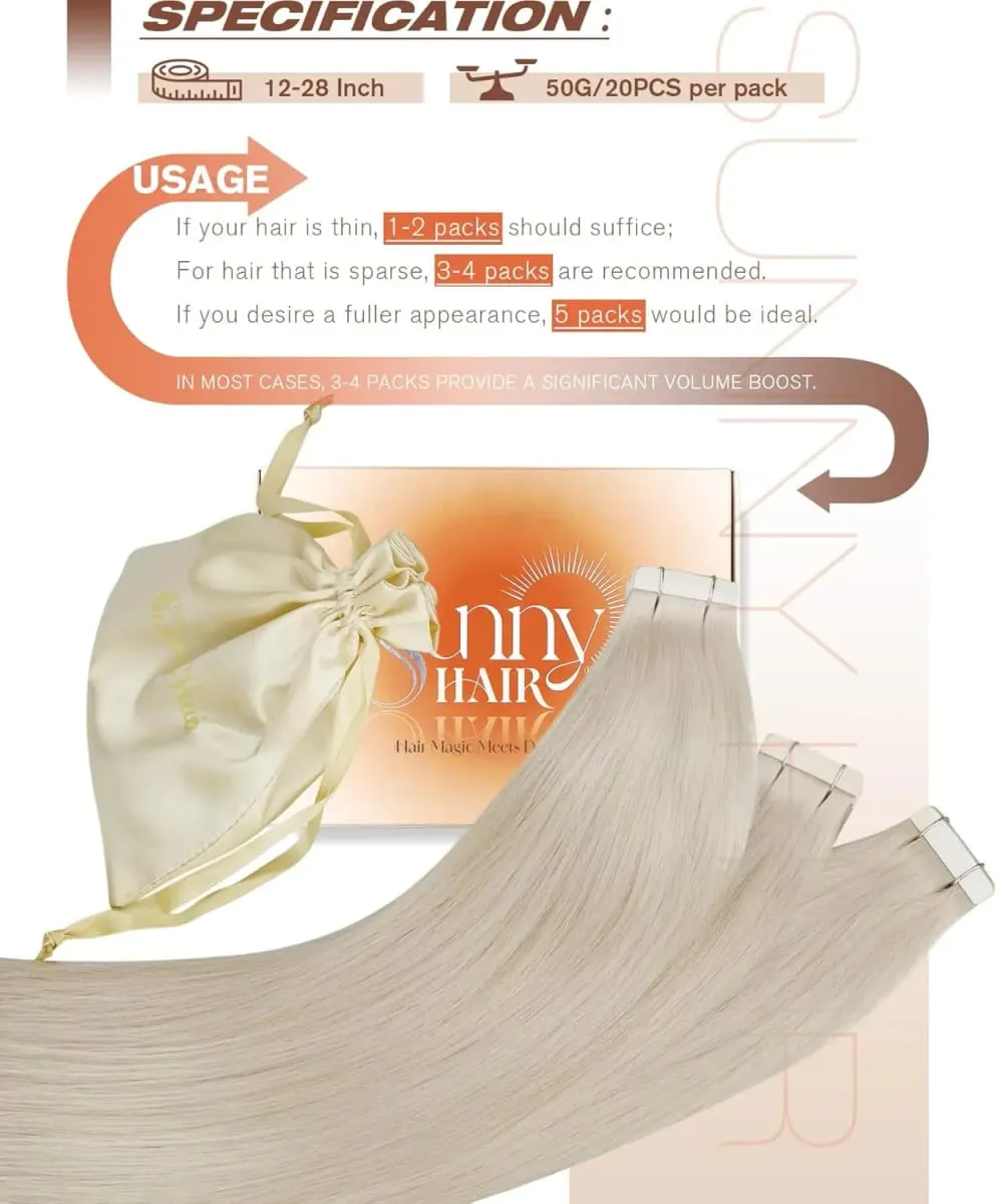 VeSunny Tape in Hair Extensions Real Human Hair Invisible Remy Hair Extensions Tape Ins for Women White Platinum Blonde 26 Inch