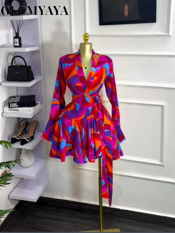 Women Tie Dye Print Flare Long Sleeve Wrap V-neck with Sashes Ruffle Dress 2026 Elegant Vacation Party Birthday Dresses