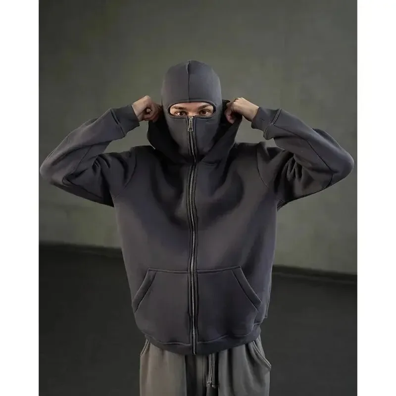 Men and women Y2K Gothic Harajuku winter new item double hooded sweatshirt men's hooded mask zipper sportswear — image 4