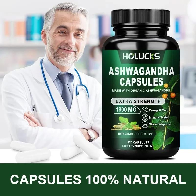 Organic Ashwagandha 1800mg Supplement for High Potency Stress Relief Adrenal & Mood Enhancer Anxiety Focus & Immune Non-GMO