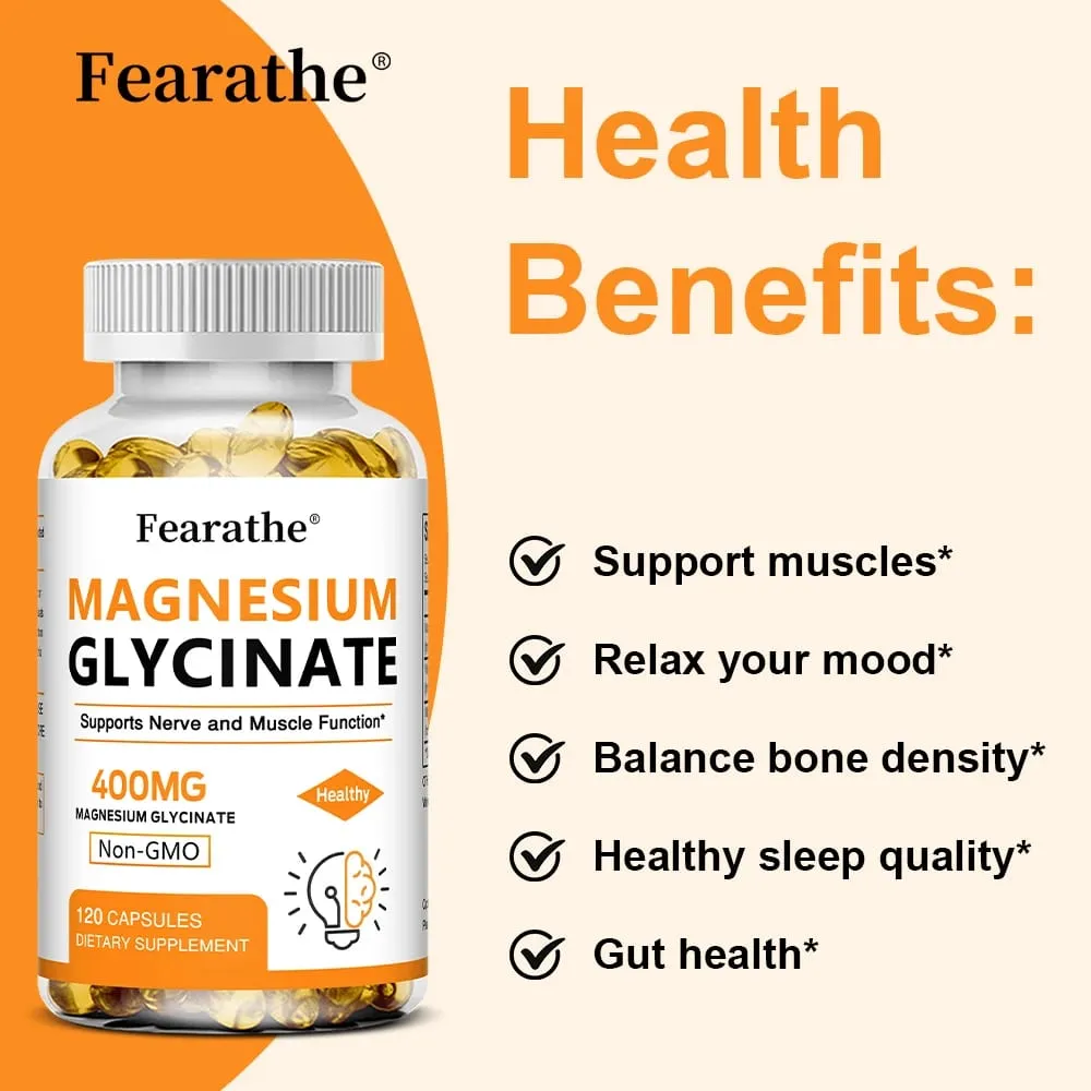 Magnesium Glycinate 400mg Capsules Support Muscle Bone Heart Nerve Sleep Quality & Immune System Health Non-GMO