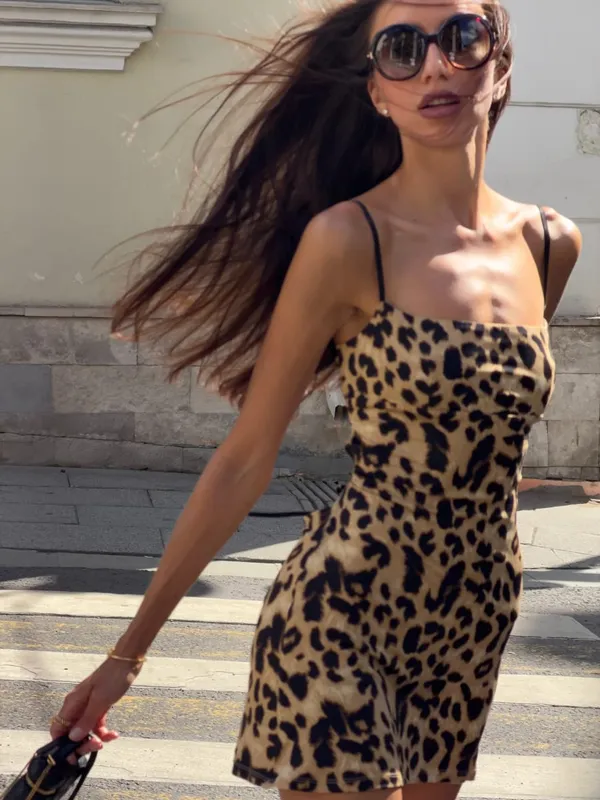 Classic Leopard Print Mini Dress Thin Strap Square Neck Side Ruched Criss Cross Lace Up Backless Slim Robe Summer Club Robes