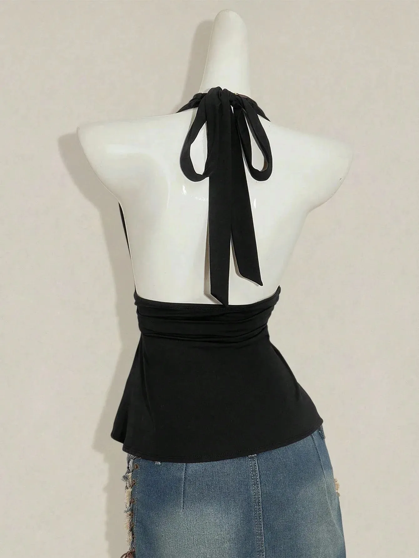 Halter Neck Tie Back Peplum Top Deep V Neck Ruched Waist Sleeveless Open Back Streetwear Party Clubwear For Women — image 2