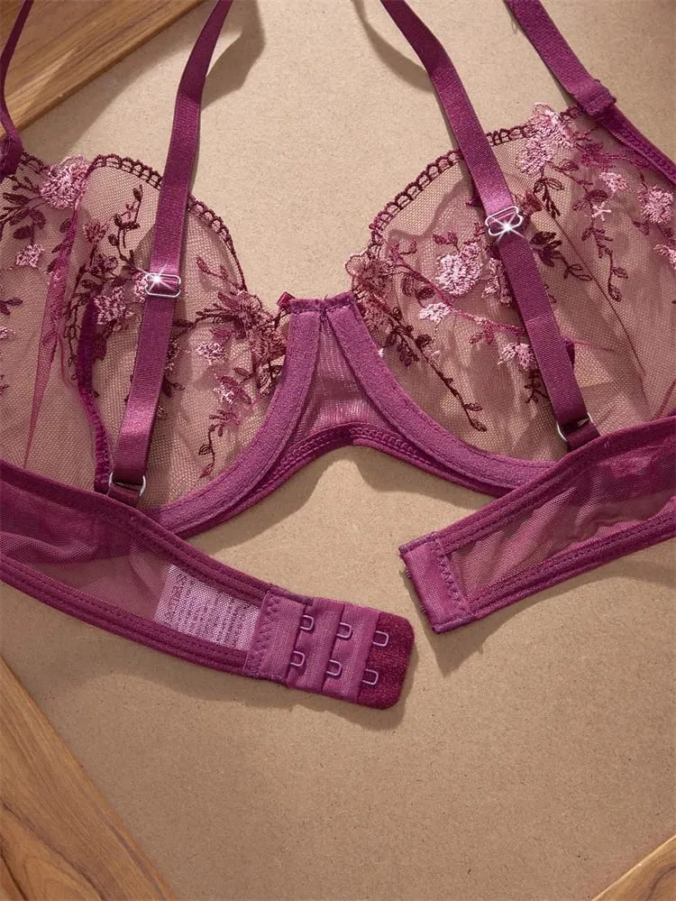 Romantic Women's Underwear Ultra Thin Floral Embroidery Sexy Lingerie See Through Pure Desire Lingerie Set Push Up Sexy Bras — image 5