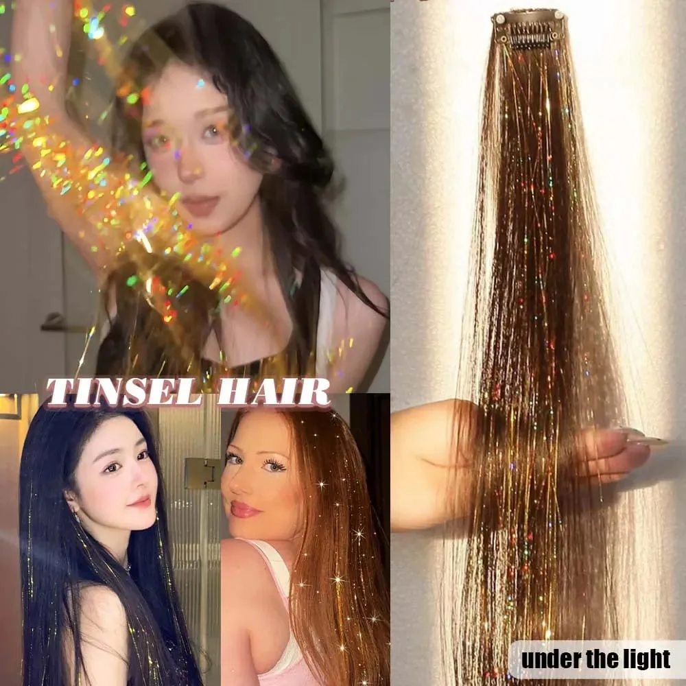 2PCS light brown with tinsel Hair Extensions 24inch Sparkling Hair Clips Multicolored Clip In On Hair Extension Synthetic Hair — image 4