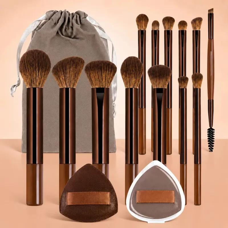 16pcs Makeup Tools Including 13pcs Makeup Brushes Set + 1pc Makeup Bag + 2pcs Air Puff Accessories Foundation Brush Blush Brush. — image 1